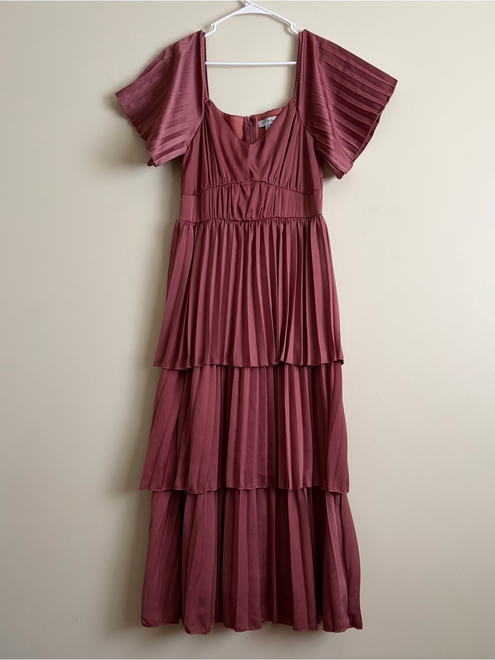 Berry color pleated tiered satin maxi dress with flutter sleeves.
